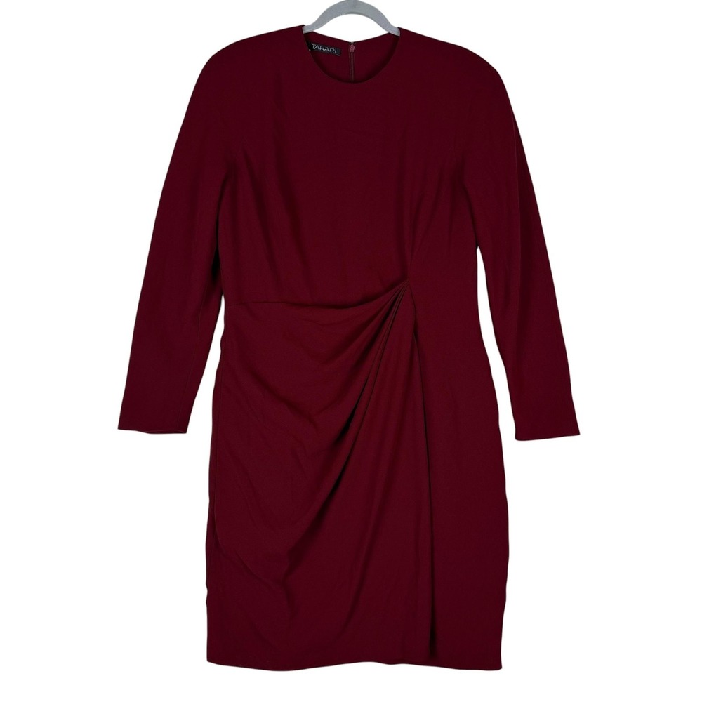 Tahari Dress Womens 14 Red Ruched Long Sleeve Sheath Lined Crew Neck Party